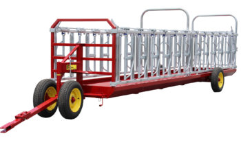 Full view of the front and left side of the cattle headlock feeder