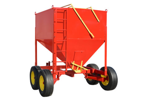 A grain bin on wheels for horse and cattle feeders